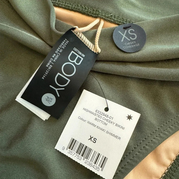 NWT Cotton On High Waisted Cheeky Bikini Smoothing Bottom Khaki Shimmer Size XS - Picture 9 of 10